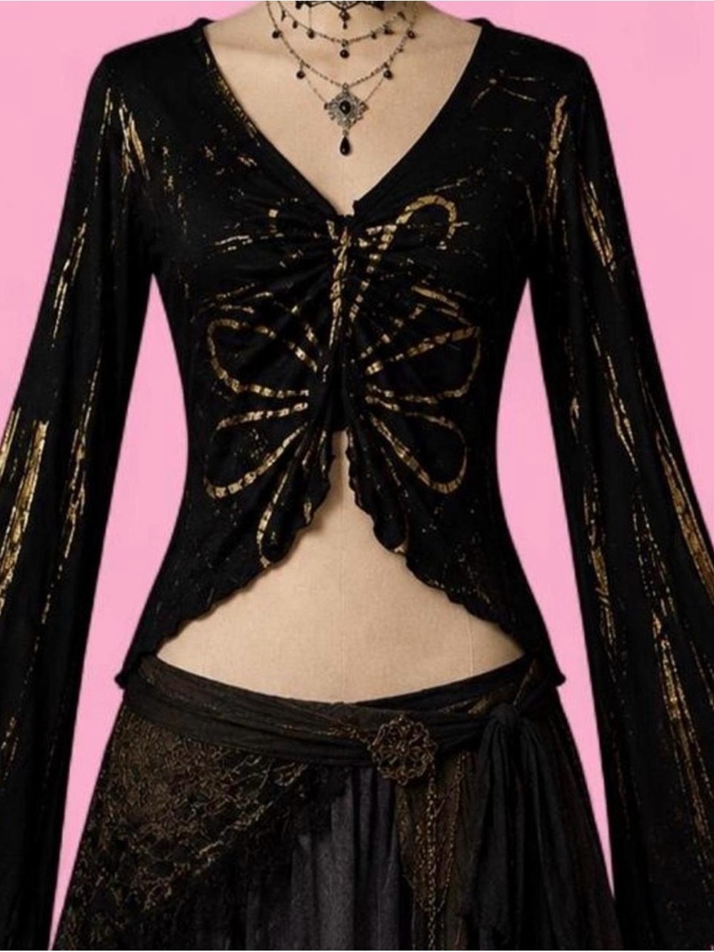 Y2K Yagi USA Black Gold Metallic Ruched Asymmetric Fairy Goth Top